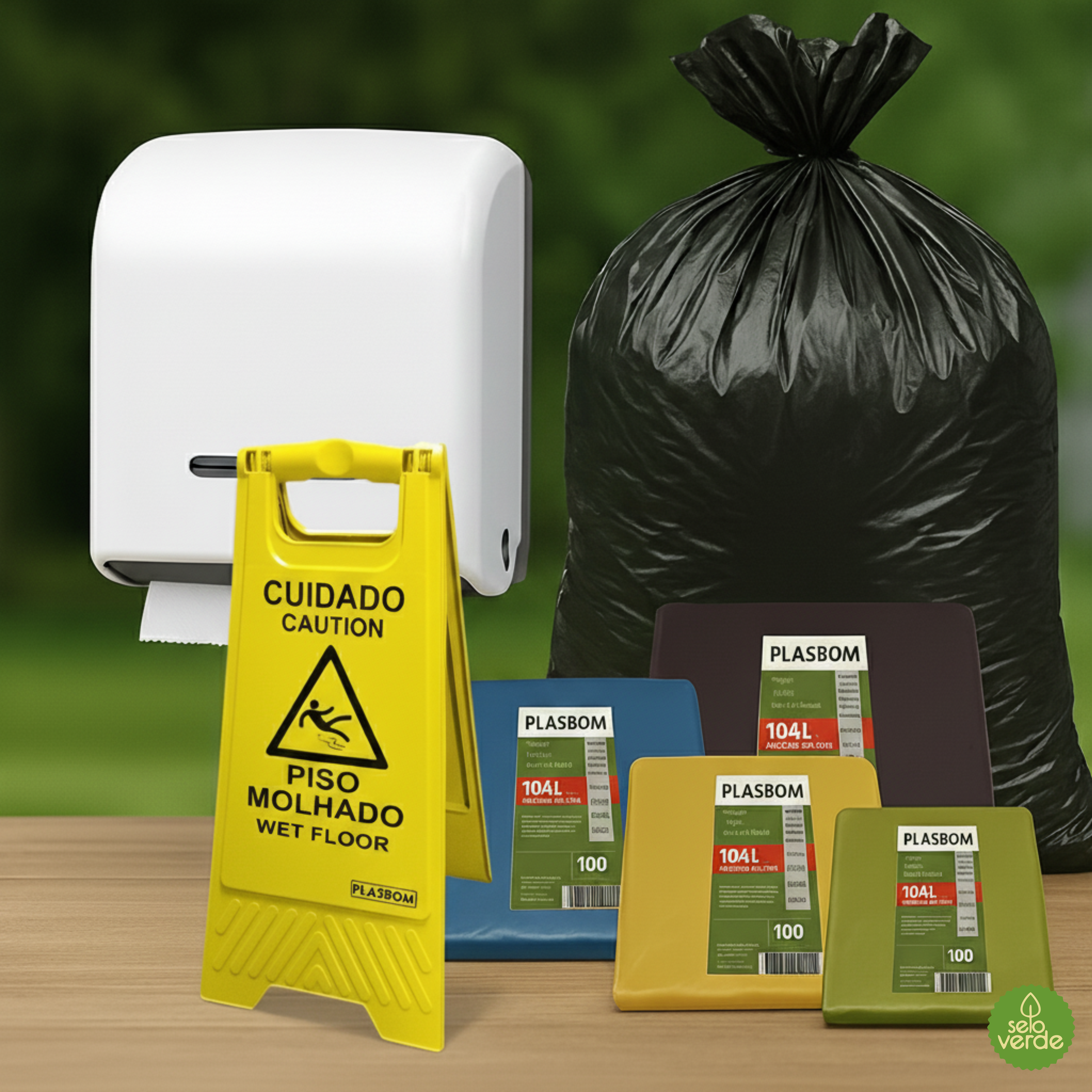 Produtos variados da marca Plasbom expostos